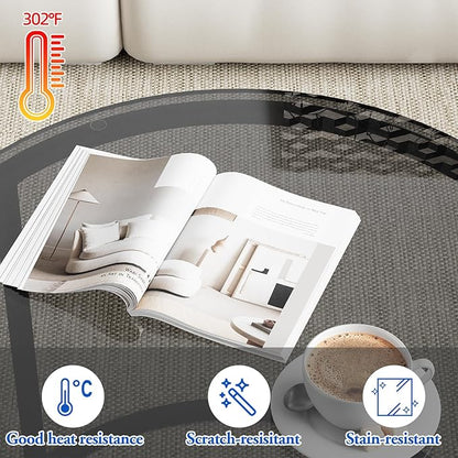 aboxoo Nesting Coffee Table Grey Glass Table Set of 2, Small Round Glass Nesting Tables for Living Room Bedroom, Accent Tea Table with Metal Frame Modern Industrial Simple