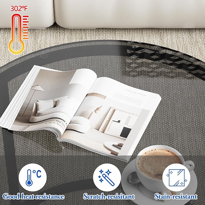 aboxoo Nesting Coffee Table Grey Glass Table Set of 2, Small Round Glass Nesting Tables for Living Room Bedroom, Accent Tea Table with Metal Frame Modern Industrial Simple