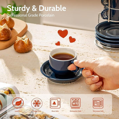 Sweese 4 Ounce Porcelain Stackable Espresso Cups with Saucers and Metal Stand Set of 4, Navy