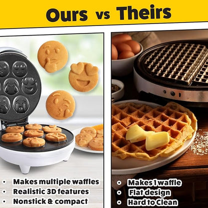 Mini Emojis Waffle Maker for Special Breakfast- Make 7 Unique Smiley Face Waffles Pancakes- Electric Non Stick Iron Feat Kiss Face Heart Eyes & Smile with Recipes, Gift for Her Kids- Licensed by Emoji
