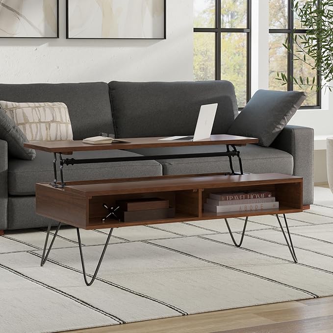 SIMPLIHOME Hunter Lift Top Coffee Table - 48 inch Wide Solid Walnut Veneer and Metal Industrial Cocktail Table, Functional Living Room Table with 2 Storage Cubbies and Hairpin Legs