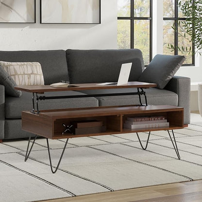SIMPLIHOME Hunter Lift Top Coffee Table - 48 inch Wide Solid Walnut Veneer and Metal Industrial Cocktail Table, Functional Living Room Table with 2 Storage Cubbies and Hairpin Legs
