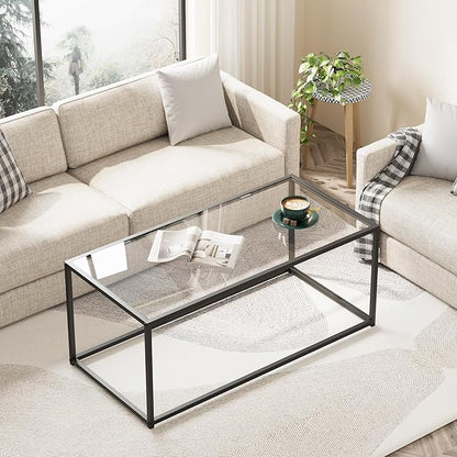 Glass Coffee Table, Modern Center Tables for Living Room, Black Rectangle Center Tea with Metal Frame, Clear Glass Top Coffee Table for Home, Office, Easy Assembly, 39.4 x 18.9 x 17.7, Black