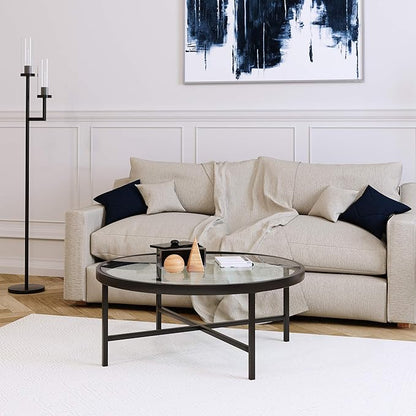 Henn&Hart 36" Wide Round Coffee Table with Glass Top in Blackened Bronze, Modern coffee tables for living room, studio apartment essentials
