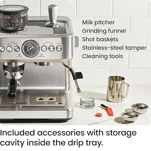 Chefman Crema Supreme 15 Bar Espresso Machine with Milk Frother, Barista Steam Wand, Professional Coffee Maker with Coffee Grinder, 30 Grind Settings, 3L Removable Water Tank - Stainless Steel