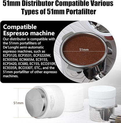 IKAPE 51MM Coffee Distributor, Gravity Adaptive Espresso Distributor Fits All 51MM Espresso Portafilter, Compatible with 51MM Delonghi Bottomless Portafilter (White)
