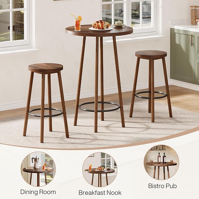 Tribesigns 3 Pieces Bar Table Set, 23.6" Round Pub Table, Small Bar Height Pub for 2, Industrial Home Bar Unit Set with 2 Stools for Kitchen, Dining Room, Living Room & Bistro, Rustic Brown