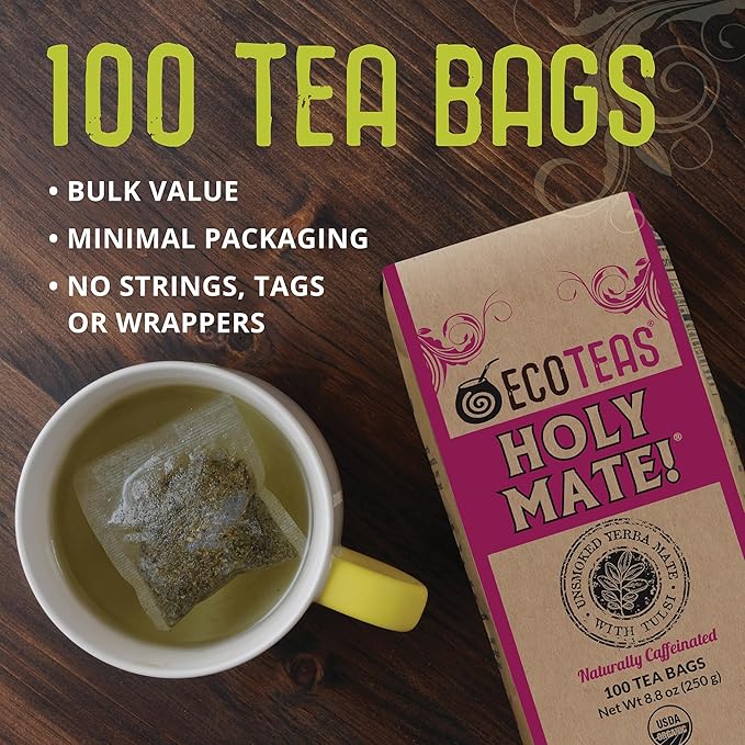 ECOTEAS Holy Mate! Organic Yerba Mate Tea Bags with Tulsi & Mint – Natural Energy, Detox Herbal Tea, Stress Support – Kosher, Non-GMO, Gluten-Free - 100 Bulk Bags, 8.8 oz (Pack of 1)