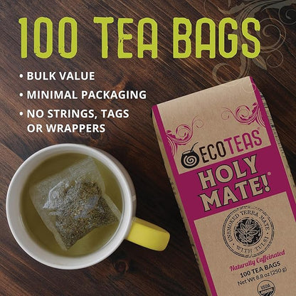 ECOTEAS Holy Mate! Organic Yerba Mate Tea Bags with Tulsi & Mint – Natural Energy, Detox Herbal Tea, Stress Support – Kosher, Non-GMO, Gluten-Free - 100 Bulk Bags, 8.8 oz (Pack of 1)