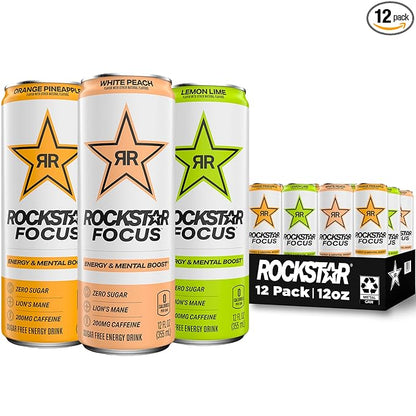 Rockstar Focus, 3 Flavor Variety Pack (White Peach, Lemon Lime, Orange Pineapple), 12 Fl Oz Cans (Pack of 12)