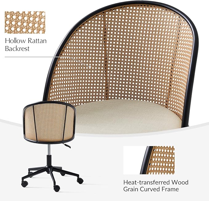 HULALA HOME Rattan Home Office Desk Chair with Curved Backrest, Caster Wheels, Height Adjustable, Accent Task Computer Chair for Home Work, Conference, Dining Room, Linen