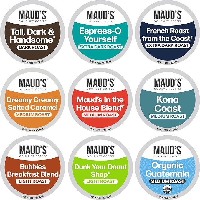 Maud's Original Coffee Pods Variety Pack, 80 ct, 9 Assorted Roasts, Dark & Medium Roast Coffee in Recyclable Single Serve Pods – 100% Arabica Coffee, Compatible with Keurig K Cups Maker