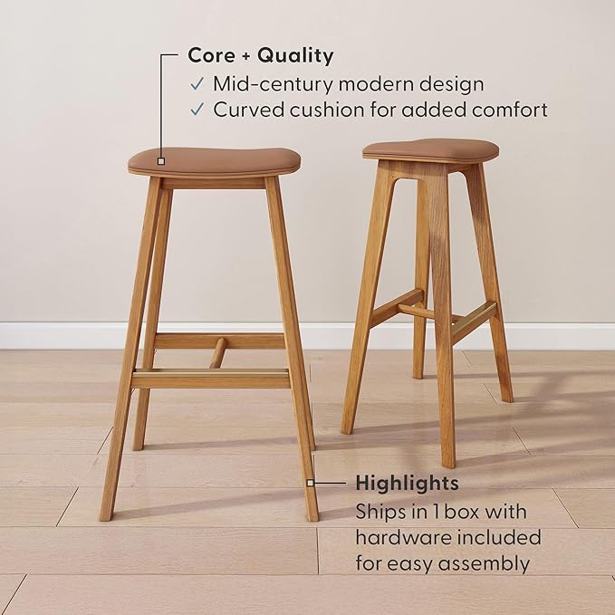 Plank+Beam Beryl Bar Height Stool - Mid-Century Modern Rubberwood Bar Stool with Faux Leather Seat, Metal Footrest, Easy Assembly, 2-Pack, Pecan/Toffee