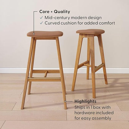 Plank+Beam Beryl Bar Height Stool - Mid-Century Modern Rubberwood Bar Stool with Faux Leather Seat, Metal Footrest, Easy Assembly, 2-Pack, Pecan/Toffee