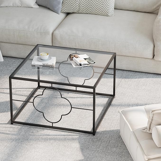 Black Coffee Table Modern Center Table,Glass Square Minimalist Coffee Table Tea Table for Living Room,Tempered Glass-top with Sturdy Metal Frame, Easy Assembly,26.4 x 26.4 x 15.7 Inches