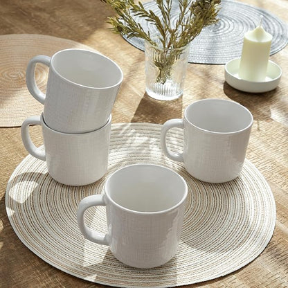 famiware Moonlight Coffee Mug Set of 4, 13oz Mug Set with Linen Finish, Coffee Cup Set with Handle for Latte, Cappuccino, Tea, Hot Cocoa, Microwave and Dishwasher Safe, White