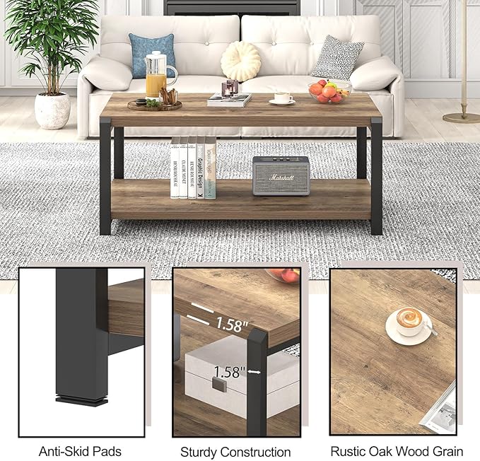 EXCEFUR Modern Coffee Table, Rustic Wood and Metal Center Table for Living Room, Industrial Rectangle Cocktail Tea Table with Storage, Oak
