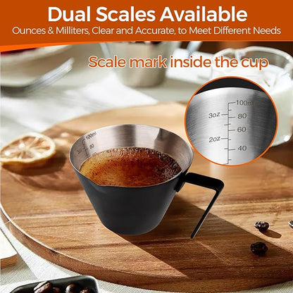 YARRAMATE Stainless Steel Espresso Shot Cup, Double Spout Metal Espresso Measuring Cup with V-Shaped Mouth, Espresso Accessories, 3.4OZ/100ML (Black)
