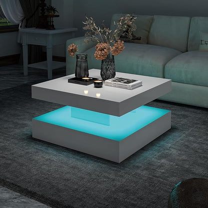White LED Coffee Table for Living Room, 2-Tier Square Center Table Living Room Table, Modern High Glossy Contemporary Wood Coffee Tables with Storage, Suitable for Dining Reception