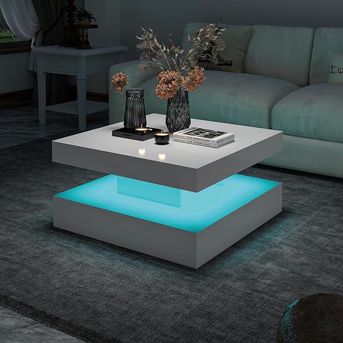 White LED Coffee Table for Living Room, 2-Tier Square Center Table Living Room Table, Modern High Glossy Contemporary Wood Coffee Tables with Storage, Suitable for Dining Reception