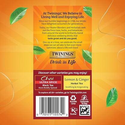Twinings Chai Black Tea Individually Wrapped Bags, 20 Count (Pack of 6), Sweet, Savoury Spices, Caffeinated, Enjoy Hot or Iced, 120 Teabags