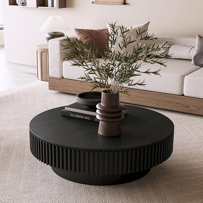 39 Inch Round Drum Coffee Table with Storage, Modern Handcraft Fluted Drum Coffee Table, Wooden Round Cocktail Tea Table Center Table with Sturdy Pedestal for Living Room Apartment (Black)