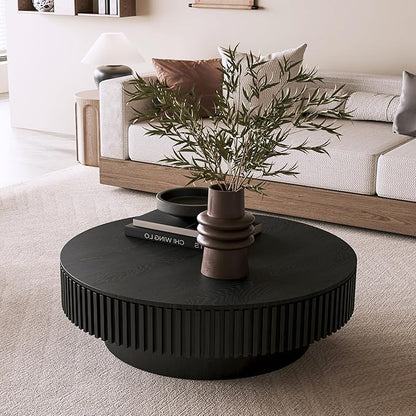 39 Inch Round Drum Coffee Table with Storage, Modern Handcraft Fluted Drum Coffee Table, Wooden Round Cocktail Tea Table Center Table with Sturdy Pedestal for Living Room Apartment (Black)