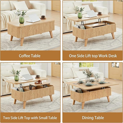 3 in 1 Lift Top Coffee Table, Fluted Convertible Coffee Tables Converts to Dining Tables, Modern Oval Wooden Center Table with Storage for Living Room Office Small Space, Partial Assembly (Natural)