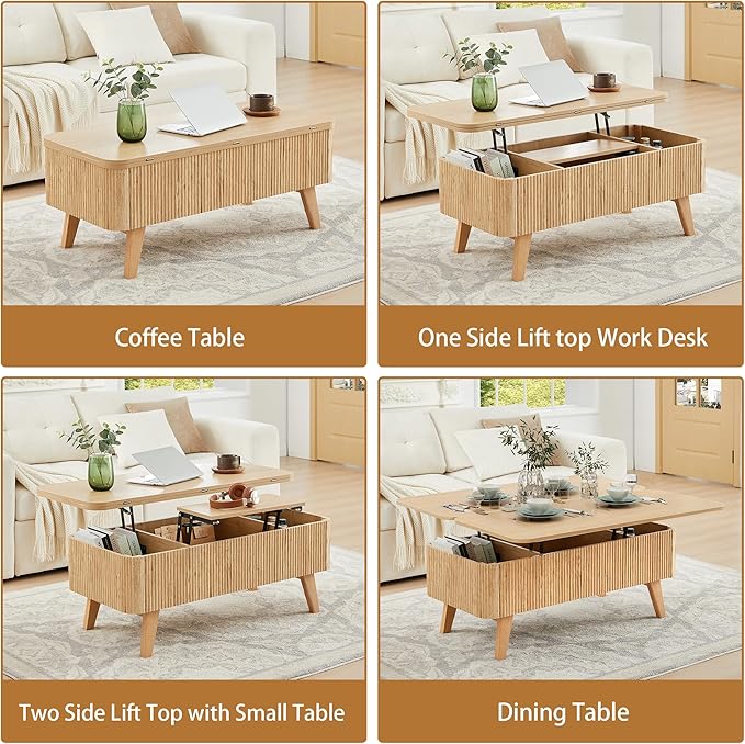 3 in 1 Lift Top Coffee Table, Fluted Convertible Coffee Tables Converts to Dining Tables, Modern Oval Wooden Center Table with Storage for Living Room Office Small Space, Partial Assembly (Natural)