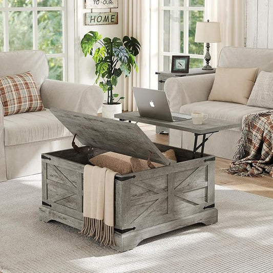 Furnideco Farmhouse Lift Top Coffee Table, Square Wood Center Table with Large Hidden Storage Compartment for Living Room, Rustic Modern Table with Hinged Lift Top, Oak Grey