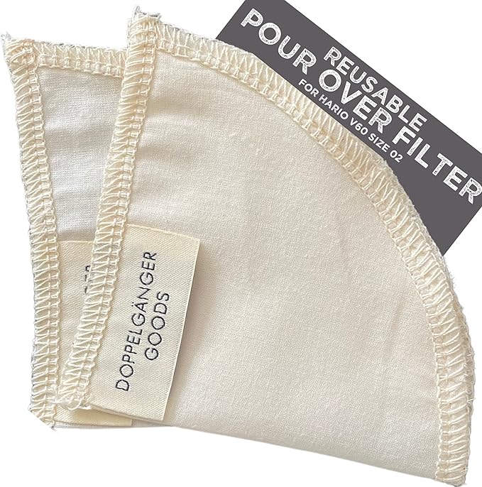 (2-Pack) Reusable Organic Cotton Pour Over Cone Filters for Hario V60, Chemex, Kalita and Origami Style Filters — Pourover Coffee Filter Maker Cup Ceramic, Glass, Plastic Dripper (Size 02, 2-4 Cups)