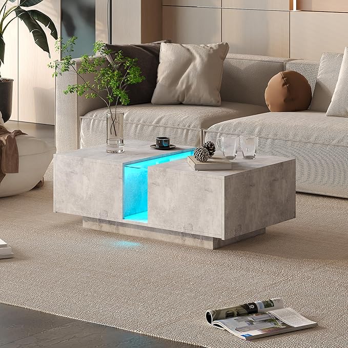 Grey Led Coffee Table for Living Room, Rectangular Living Room Table with Storage, Acrylic Coffee Tables with 2 Sliding Drawers, Wood Center Table for Reception Dinning Room