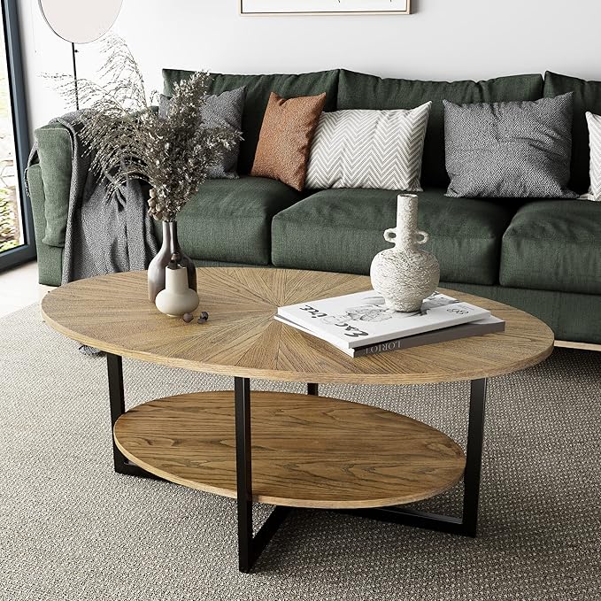 Solid Wood Oval Coffee Table with Cross Metal Legs, 43.3in Modern Industrail Center Table with Open Shelf Cocktail Tea Table for Living Room Bedroom, Rustic Nature 1811