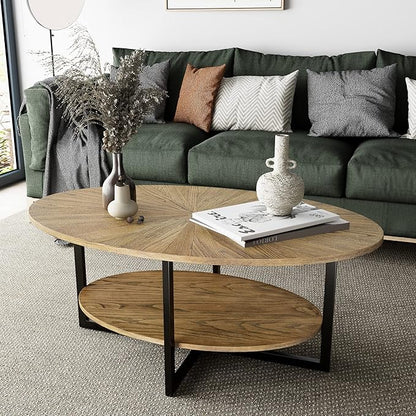 Solid Wood Oval Coffee Table with Cross Metal Legs, 43.3in Modern Industrail Center Table with Open Shelf Cocktail Tea Table for Living Room Bedroom, Rustic Nature 1811