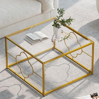 Coffee Table Modern Center Table,Glass Minimalist Square Coffee Table Tea Table for Living Room,Tempered Glass-top with Sturdy Metal Frame, Easy Assembly,26.4 x 26.4 x 15.7 Inches, Gold