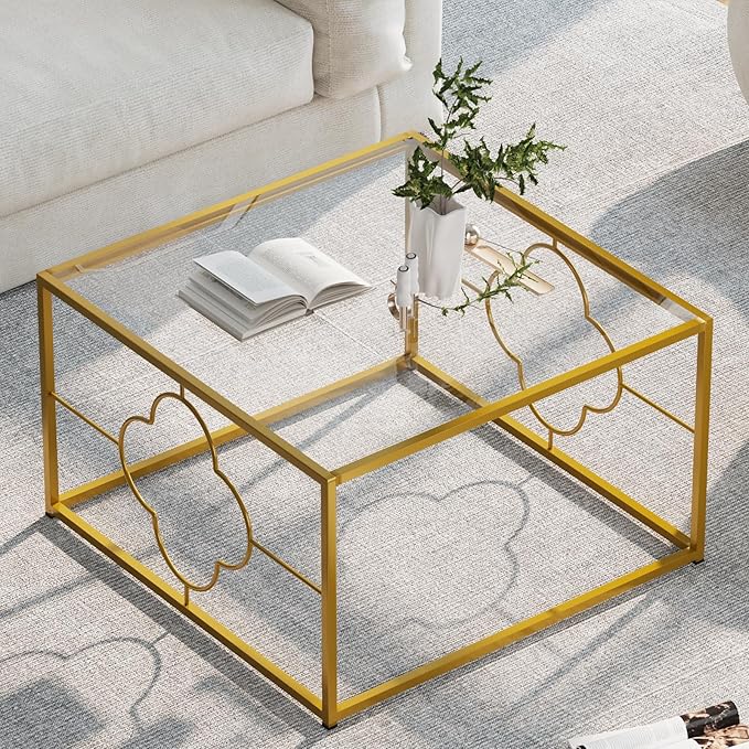 Coffee Table Modern Center Table,Glass Minimalist Square Coffee Table Tea Table for Living Room,Tempered Glass-top with Sturdy Metal Frame, Easy Assembly,26.4 x 26.4 x 15.7 Inches, Gold