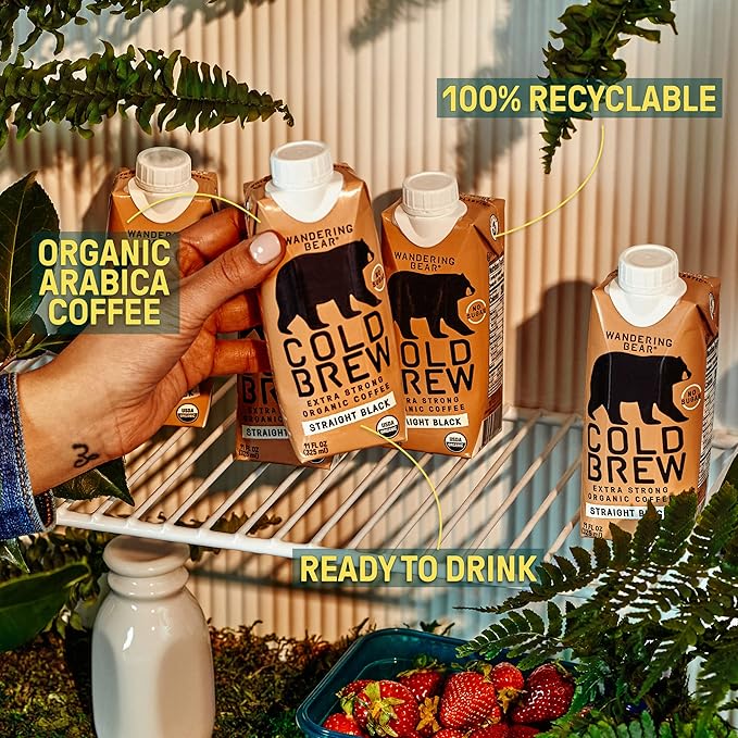 Wandering Bear Straight Black Organic Cold Brew Coffee On-the-Go, 11 fl oz, 12 pack - Extra Strong, Bold, Smooth, Unsweetened, Shelf-Stable, Ready to Drink, 100% Organic Iced Cold Brewed Coffee Drinks