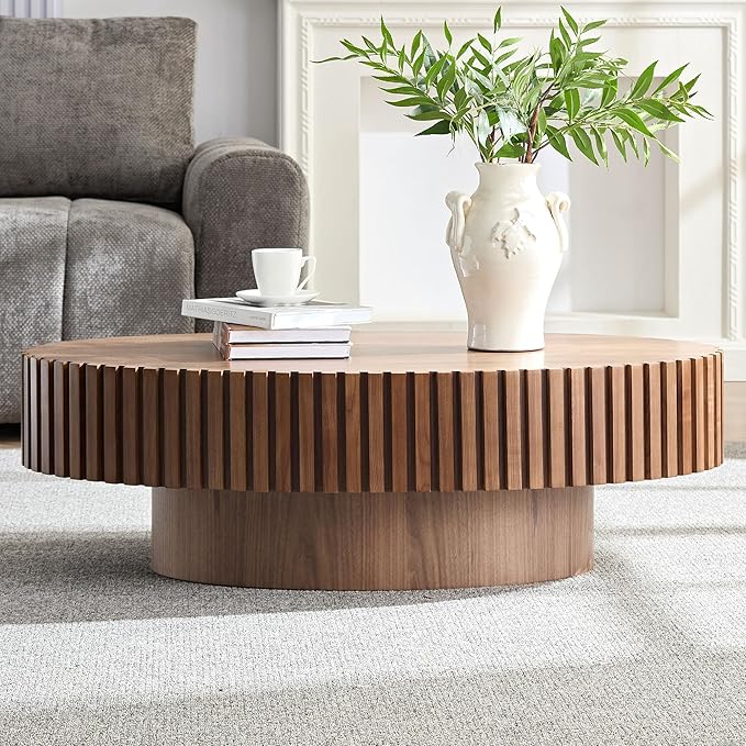 43.7 Inch Oval Drum Coffee Table, Modern Handcraft Fluted Drum Coffee Table, Wooden Round Coffee Table Center Table with Sturdy Pedestal for Living Room Apartment (Walnut)