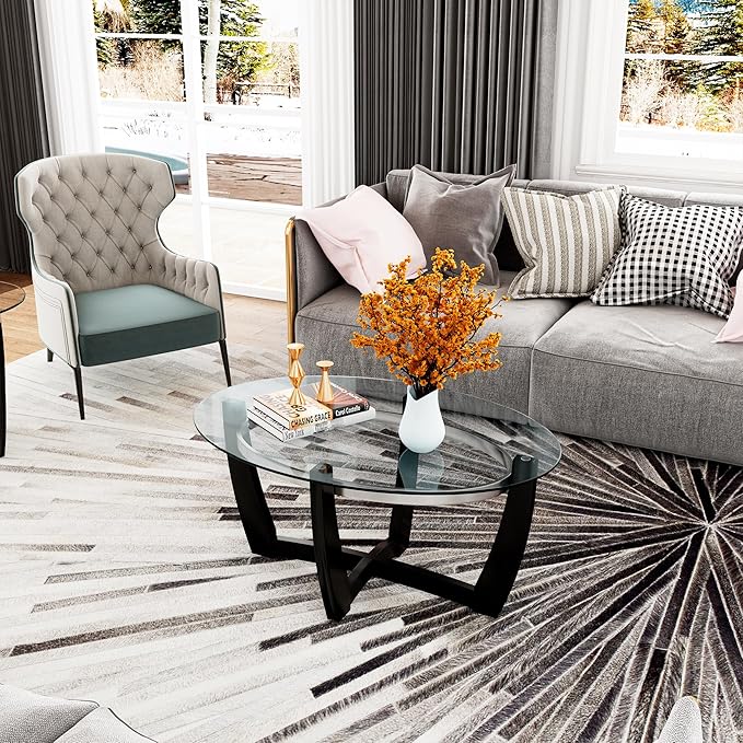 Oval Glass Coffee Table, 43.3" Solid Wood Tea Table with Tempered Glass Tabletop, Modern Glass Sofa Center Table Cocktail Table with Black Cross Base for Living Room Home Office,KFZ1331
