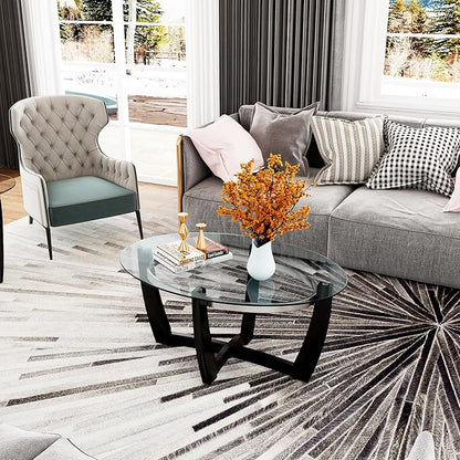 Oval Glass Coffee Table, 43.3" Solid Wood Tea Table with Tempered Glass Tabletop, Modern Glass Sofa Center Table Cocktail Table with Black Cross Base for Living Room Home Office,KFZ1331