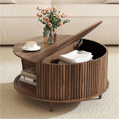 Round Coffee Table with Storage,31.5" Mid Century Modern Coffee Table with Hidden Compartment,Fluted Center Table for Living Room,Home Small Space,Walnut