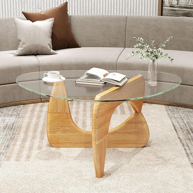 Tangkula Triangle Glass Coffee Table, Mid-Century Modern Center Table with Tempered Glass Top & Adjustable Rubber Wood Base, Small Coffee Table for Small Spaces, Living Room & Reception Room (Natural)