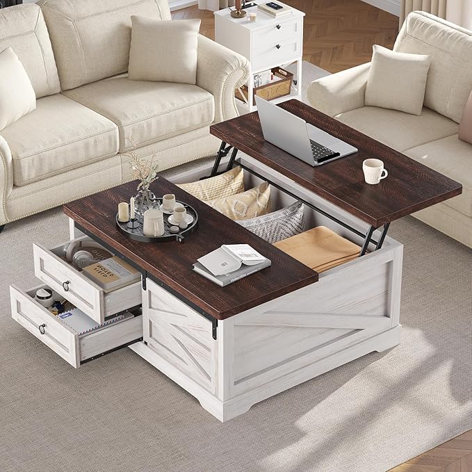 Itaar 39.4'' Lift Top Coffee Table with Storage, Farmhouse Coffee Tables for Living Room, Square Coffee Table with Large Hidden Compartment & 2 Drawers & Adjustable Shelves, White
