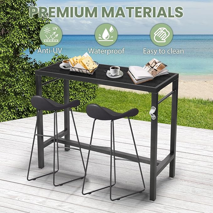 46*39*17 Outdoor Bar Table Extra Wide,Tall Bar Height Outdoor Pub Table, Ideal for Patio, Hot Tub, Dining, Balcony, Poolside, Weatherproof Composite Top, Rustproof, Built In Bottle Opener,Black