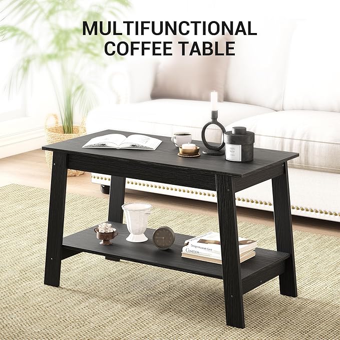 31.5 Inch Coffee Table with 2-Tier Storage – Modern Industrial Farmhouse Coffee Table for Living Room, Compact Durable MDF & Particle Board, Easy Assembly, Black Center Table for Living Room or Office