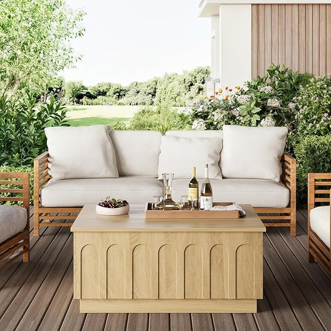 Lift Top Coffee Table with Storage, Modern Coffee Table with Arched Design, 31.5" Square Tea Table with Wood Grain, Boho Multifunctional Center Table for Living Room, Office, Oak