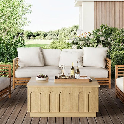 Lift Top Coffee Table with Storage, Modern Coffee Table with Arched Design, 31.5" Square Tea Table with Wood Grain, Boho Multifunctional Center Table for Living Room, Office, Oak