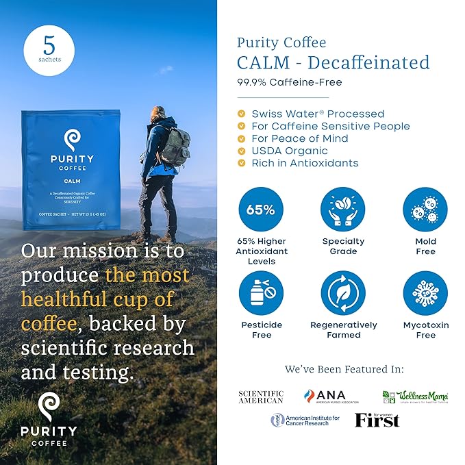 Purity Coffee CALM Decaf Medium Roast Organic Coffee - USDA Certified Organic Specialty Grade Arabica Single-Serve Packets - Third Party Tested for Mold, Mycotoxins & Pesticides - 5 ct Box