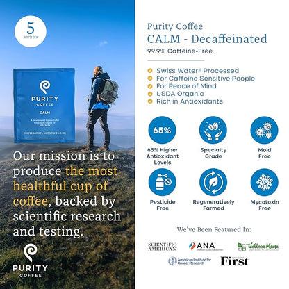 Purity Coffee CALM Decaf Medium Roast Organic Coffee - USDA Certified Organic Specialty Grade Arabica Single-Serve Packets - Third Party Tested for Mold, Mycotoxins & Pesticides - 5 ct Box
