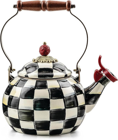 MACKENZIE-CHILDS Enamel Whistling Tea Kettle, Decorative Teapot for Stovetop, Black-and-White Courtly Check